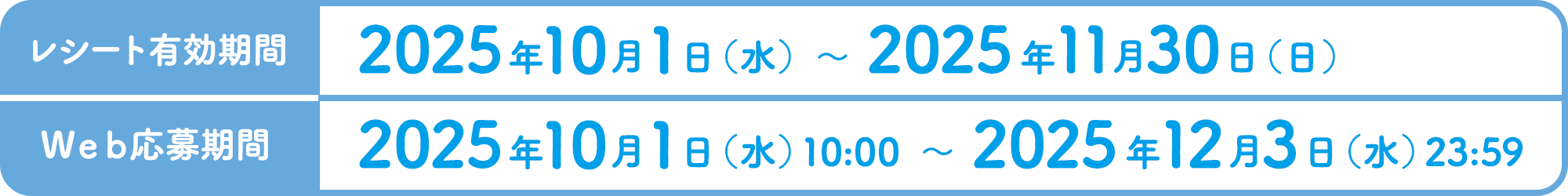 レシート有効期間：2025年10月1日（水）〜2025年11月30日（日）Web応募期間：2025年10月1日（水）10:00〜2025年12月3日（水）24:59
