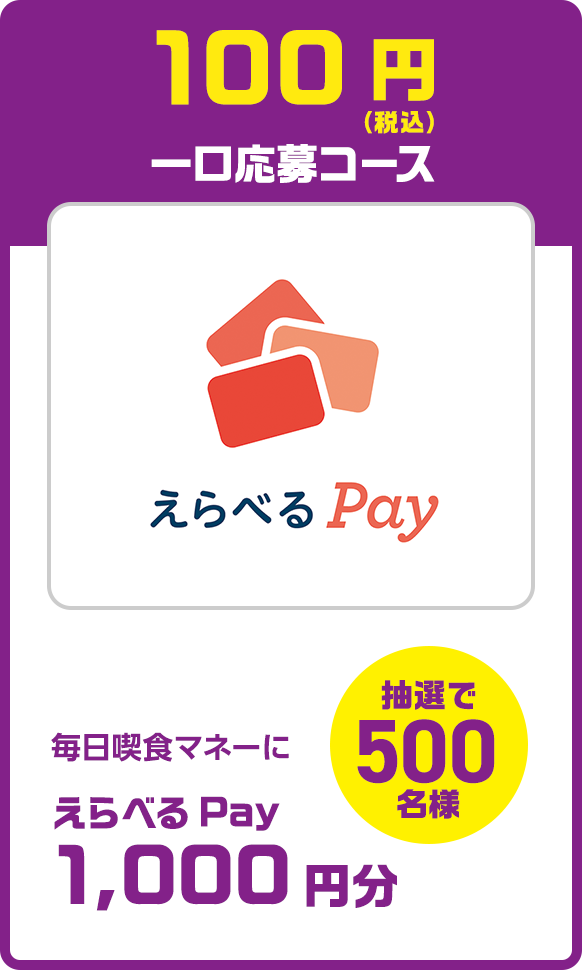 100円（税込）一口応募コース：毎日喫食マネーに えらべるPay1,000円分（抽選で500名様）