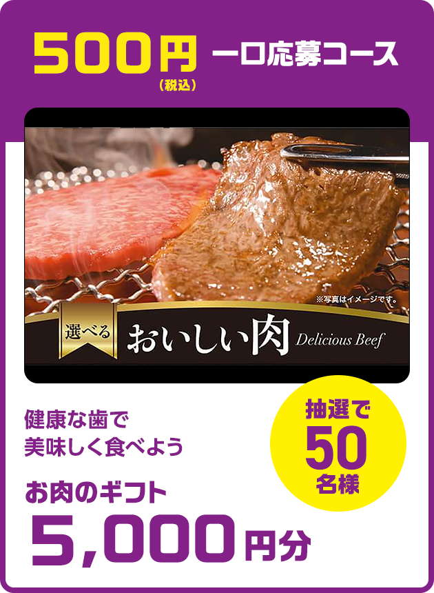 500円（税込）一口応募コース：健康な歯で美味しく食べよう お肉のギフト5,000円分（抽選で50名様）