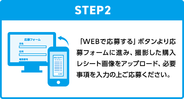 STEP2：「WEBで応募する」ボタンより応募フォームに進み、撮影した購入レシート画像をアップロード、必要事項を入力の上ご応募ください。