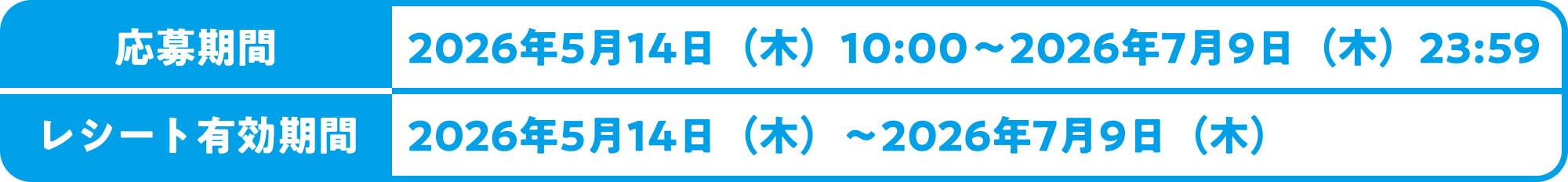 応募期間：2026年5月14日（木）10:00〜2026年7月9日（木）23:59　レシート有効期間：2026年5月14日（木）〜2026年7月9日（木）